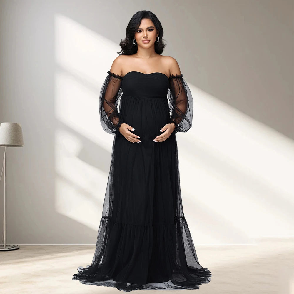 Women's Maternity Sweetheart Puff Sleeve Baby Shower Dress for Photoshoot Pregnant Tull Photography Party Gown