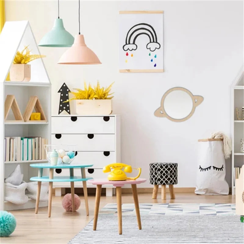 Ins Scandinavian Style Satellite Planet Wooden Anti-Shattering Wall Mirror Home Decoration Living Room Bedroom Background Boys and Girls Room Decoration Mirror, Cute Christmas, New Year Gift - Baby World SA