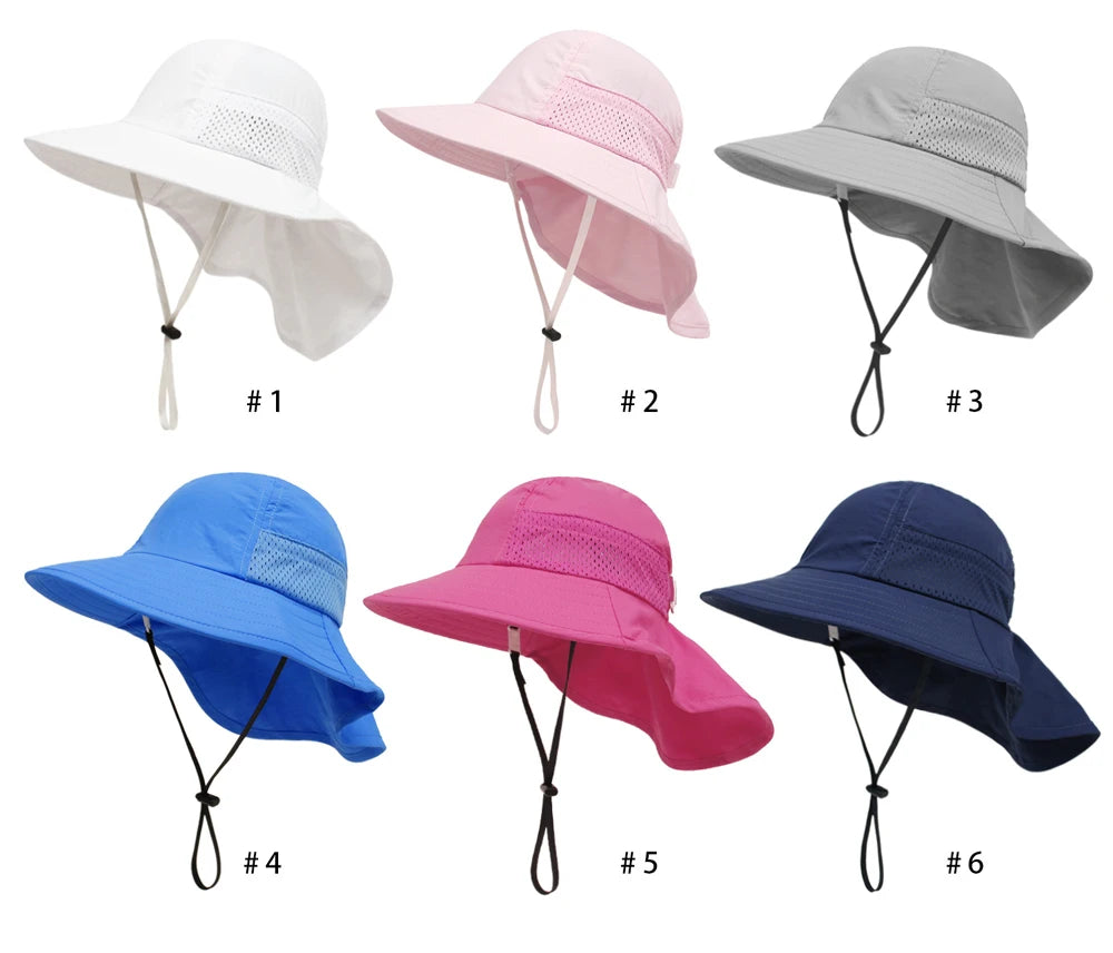 Spring Summer Baby Hat Beach Sun Protection Neck Kids Bucket Hats for Girls Boys Adjustable Children Cap Baby Accessories 6M-6Y