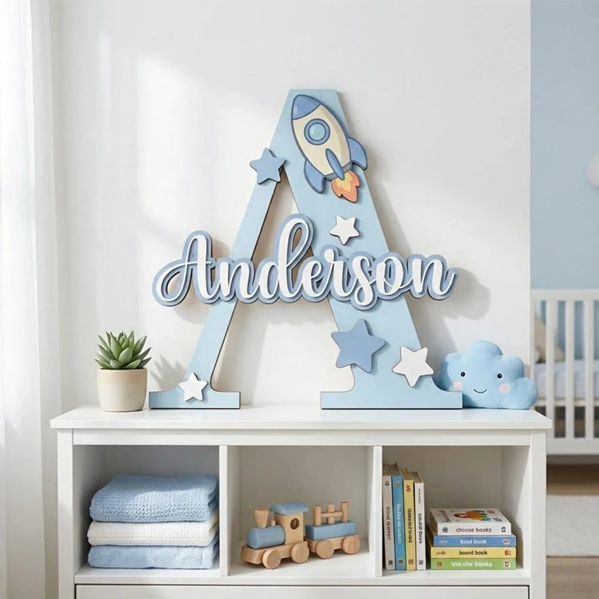 Personalized Wooden Initial Letter Name Sign – Pink Butterfly Cloud Nursery Wall Decor