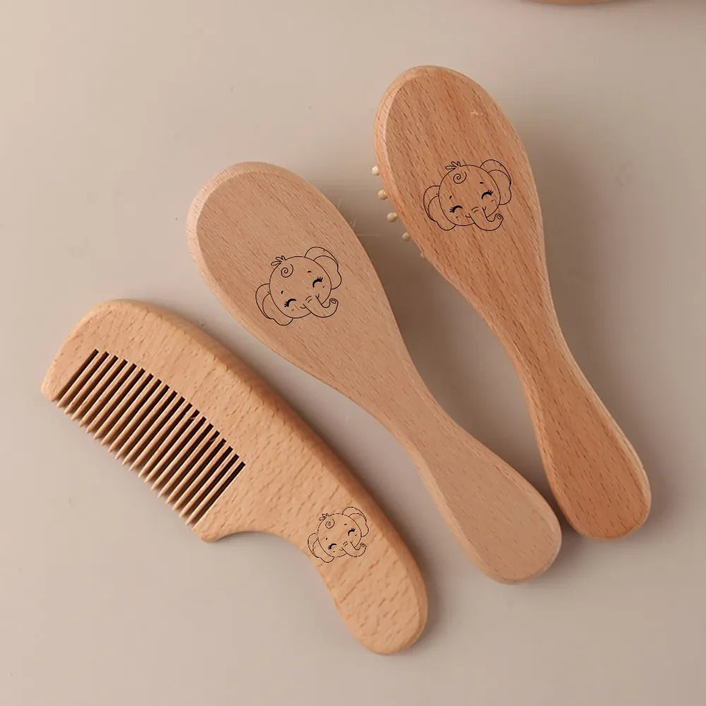 Custom Name Newborn Baby Hair Brush Set - Beechwood Comb & Soft Wool Brush - Natural Baby Grooming Kit & Gift
