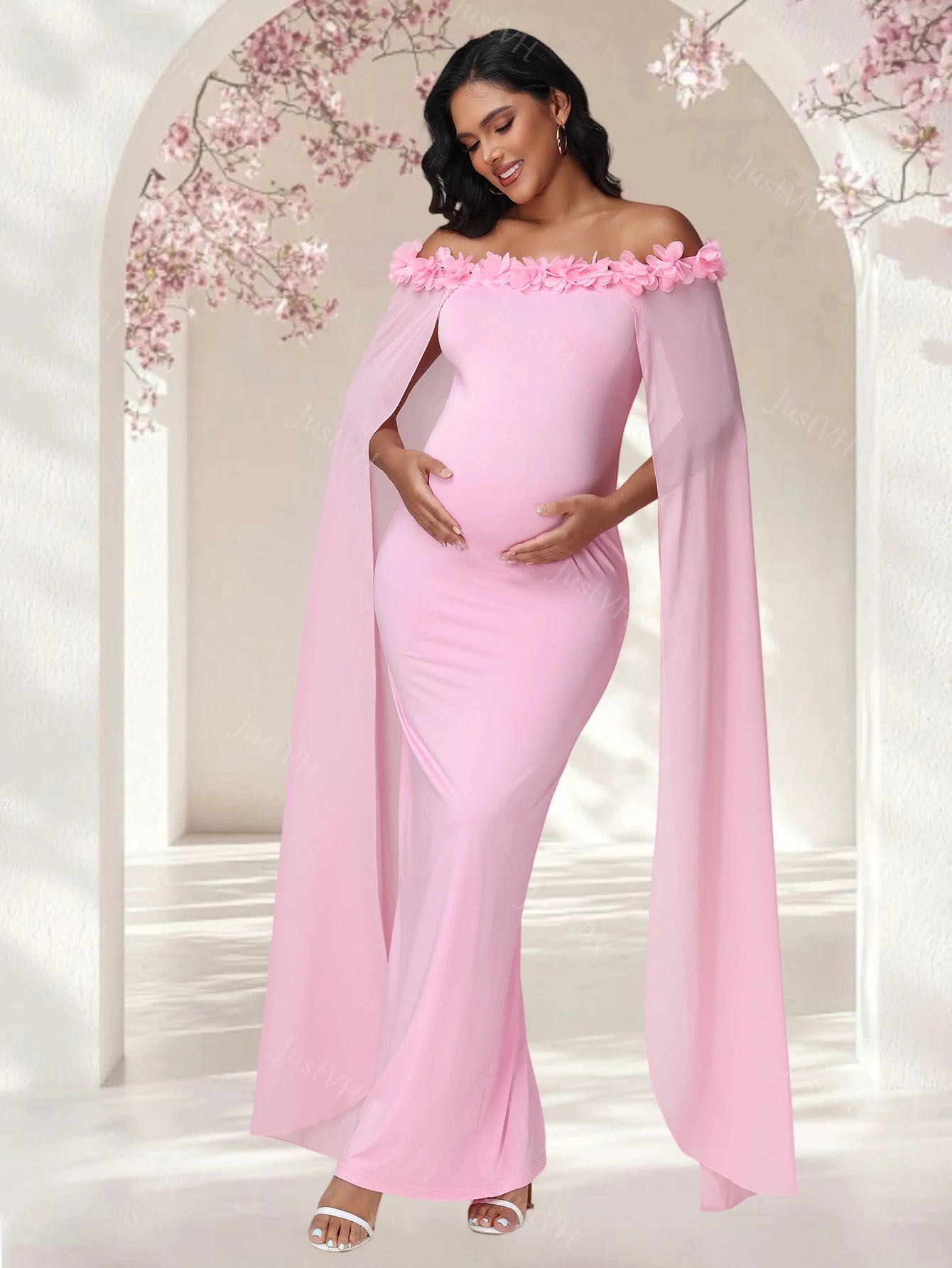 Maternity Floral Off Shoulder Floating Sleeves Dress Elegant Bodycon Maxi Gown for Photoshoot Baby Shower