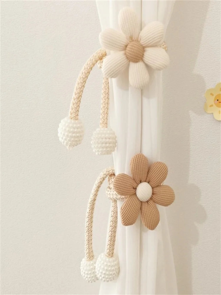 2Pcs Nordic Ins Style Three-Dimensional Flower Pearl Buckle Curtain Tiebacks Children's Room Decoration Mosquito Net Tie Rope Binding Rope