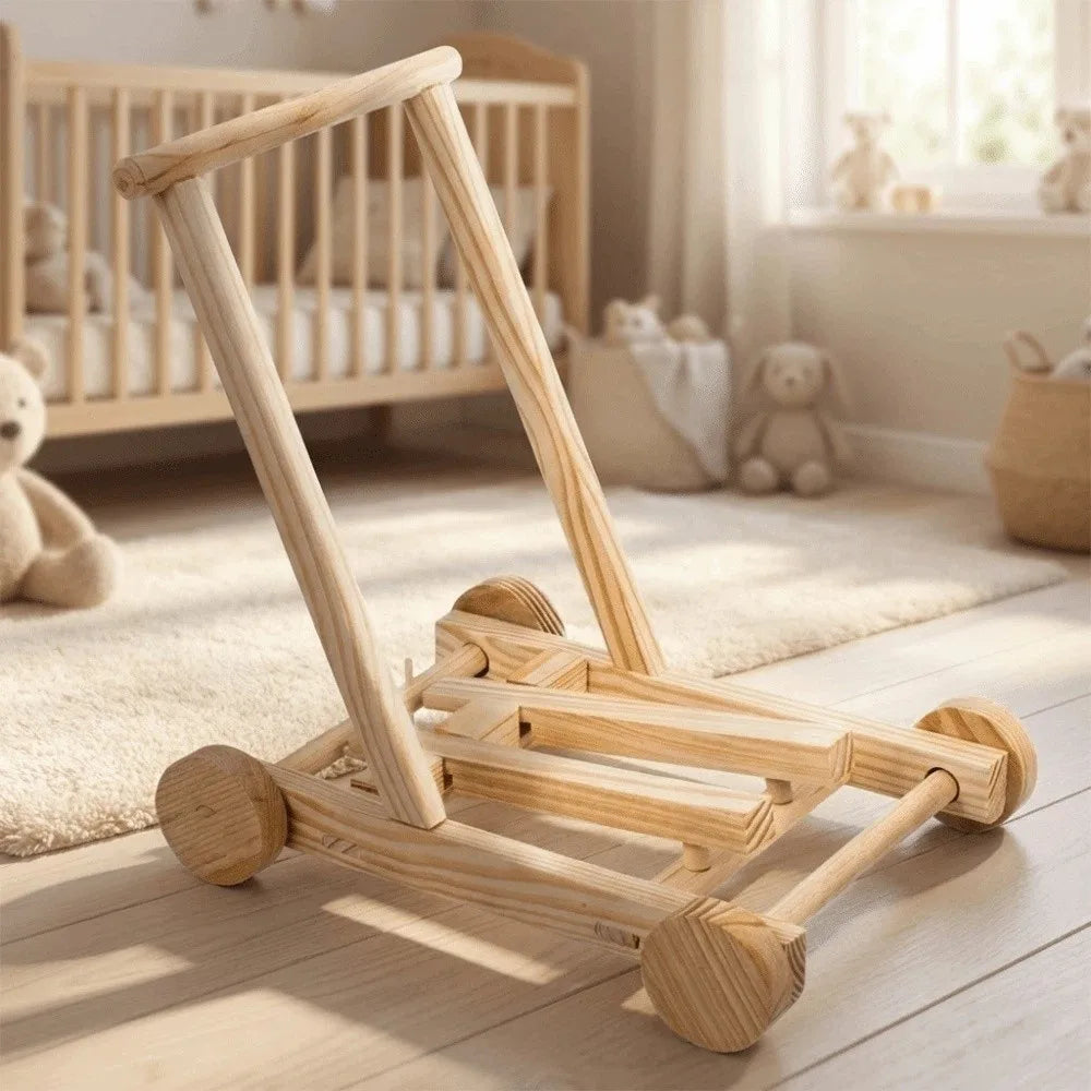 Adjustable Speed Height No-Knot Wood Baby Walker Wheeled Push-Pull Non-Toxic Toddler Walking Aid Safe Sturdy Durable