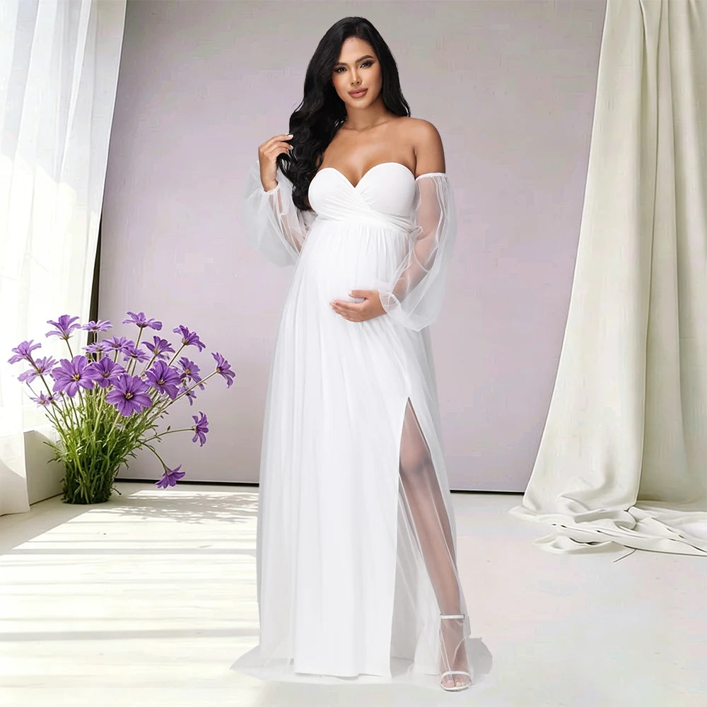 Maternity Sweetheart Neck Puff Sleeves Mesh Dress Side Split Party Gown for Photoshoot
