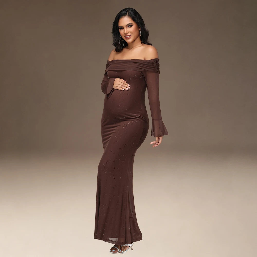 Maternity Off Shoulder Bell Sleeve Sequin Mesh Long Dress Party Elegant Bodycon Gown for Photoshoot Baby Shower