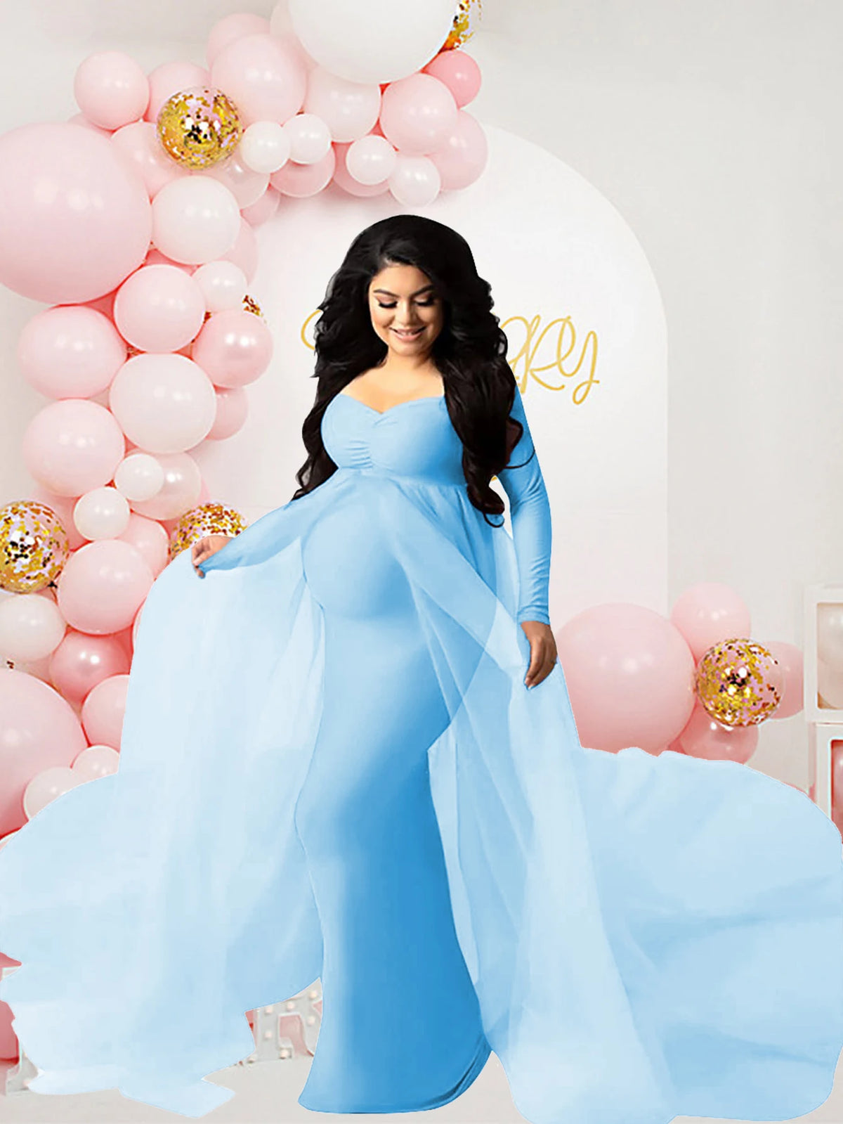 Maternity Long Sleeves Mesh Dress With Floor Length Train For Photo Shoot And Baby Baptism Party