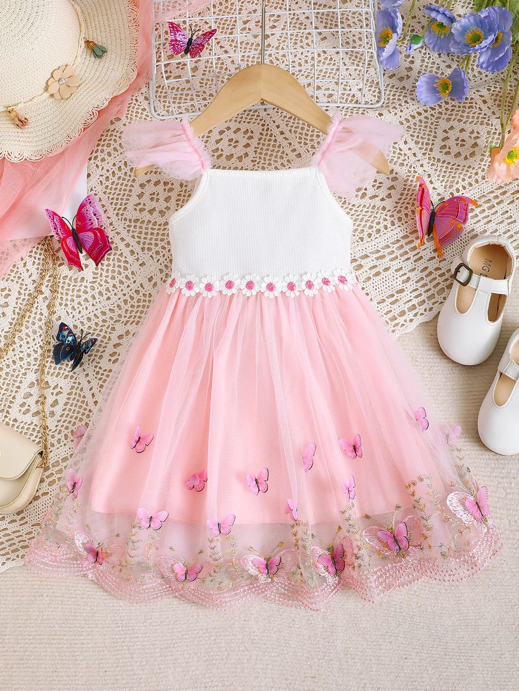 Baby girl Summer Dress Beautiful Embroidered Butterfly Tulle Princess Dress Toddler Holiday Party Dress suitable for 0-3 Year