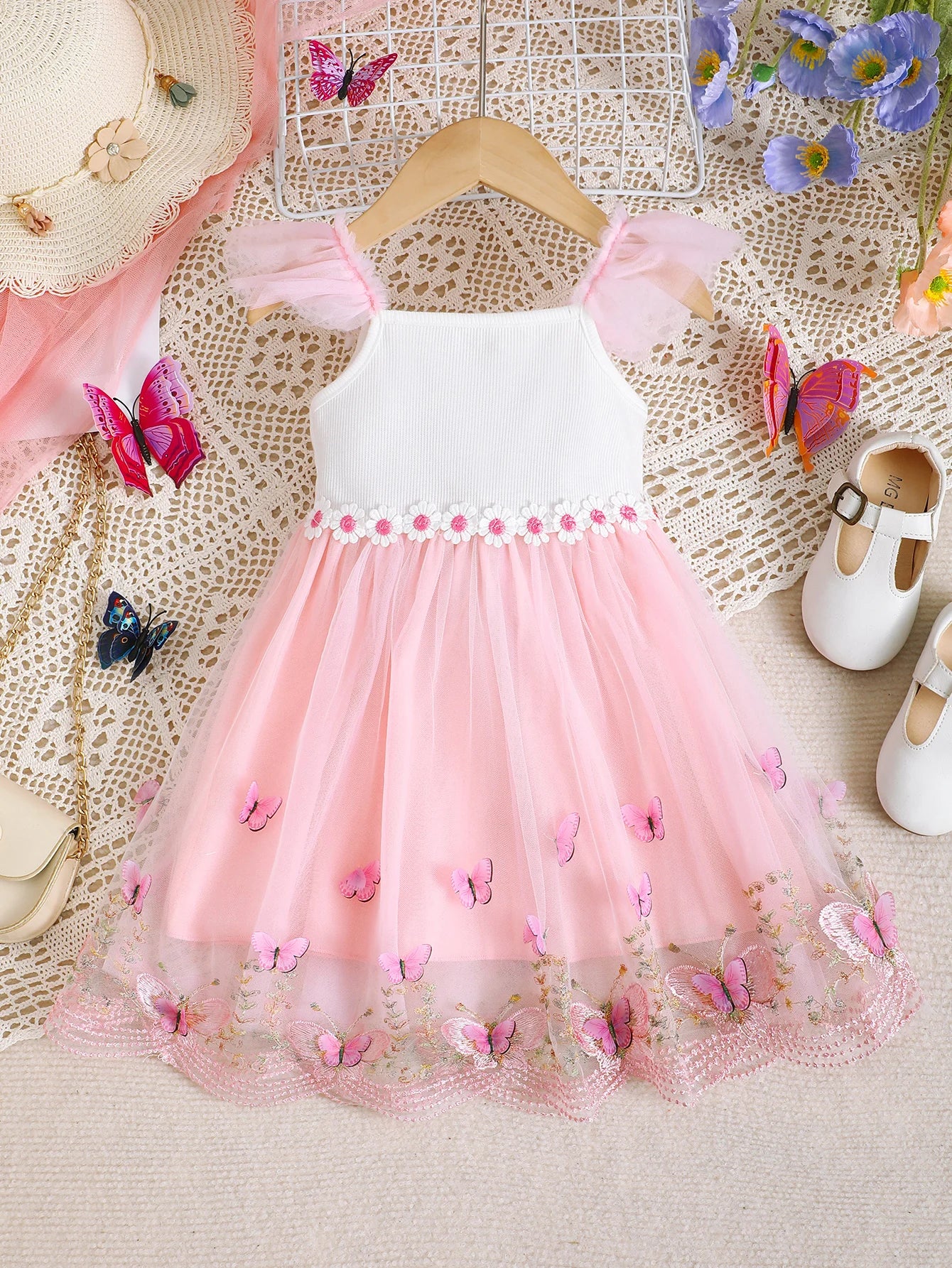 Baby girl Summer Dress Beautiful Embroidered Butterfly Tulle Princess Dress Toddler Holiday Party Dress suitable for 0-3 Year