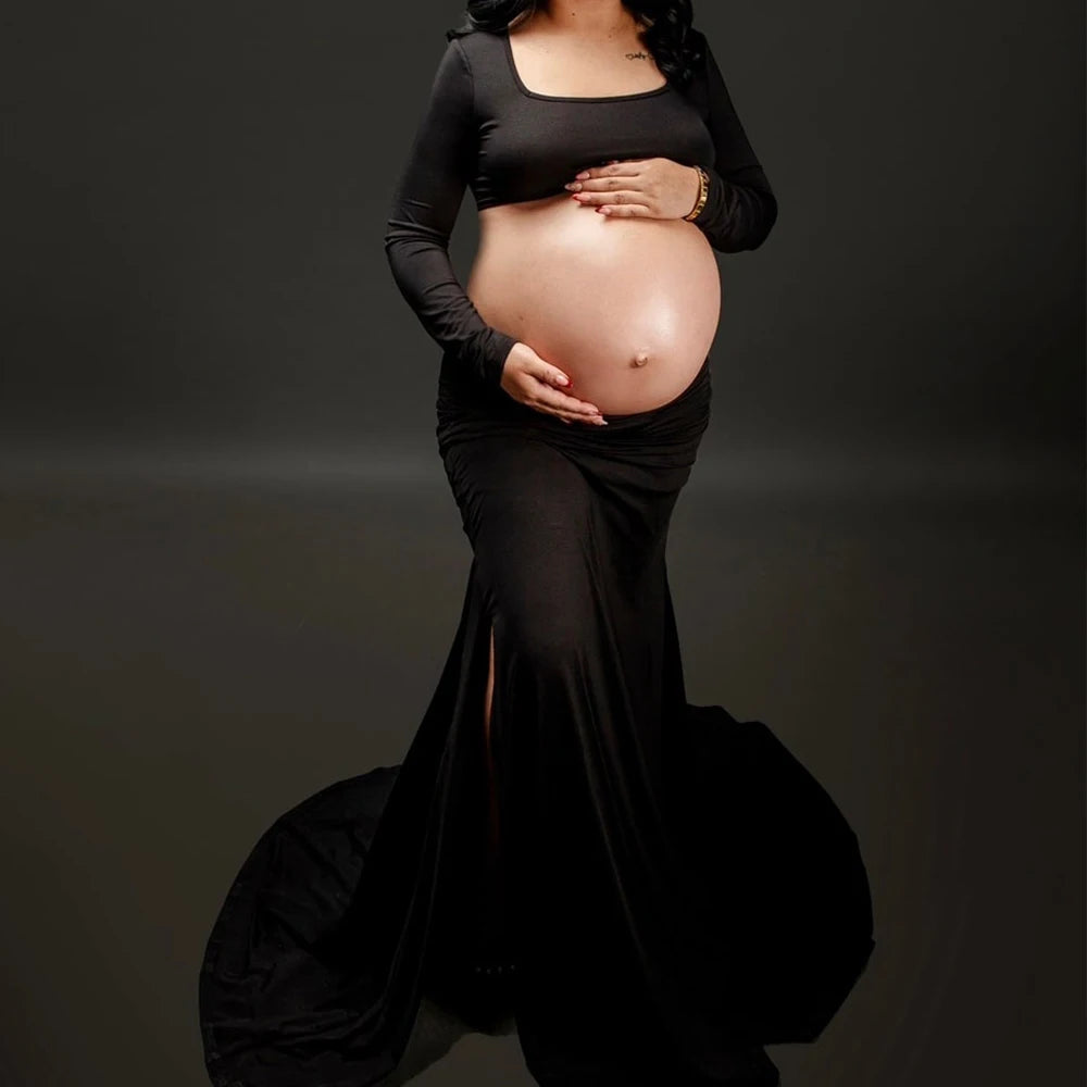 Maternity Dress Cut Out Backless Side Split Slim Long Sleeved Maxi Sexy Dress Gown For Baby Shower Photoshoot