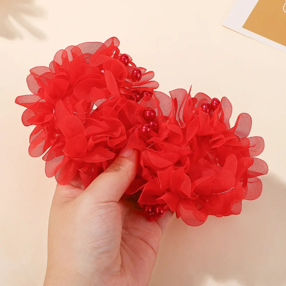 2Pcs Kids Hair Bands Set for Girls Elastic Rubber Bands Chiffon Flowers Beads Ponytail Holder Children's Hair Accessories Gift