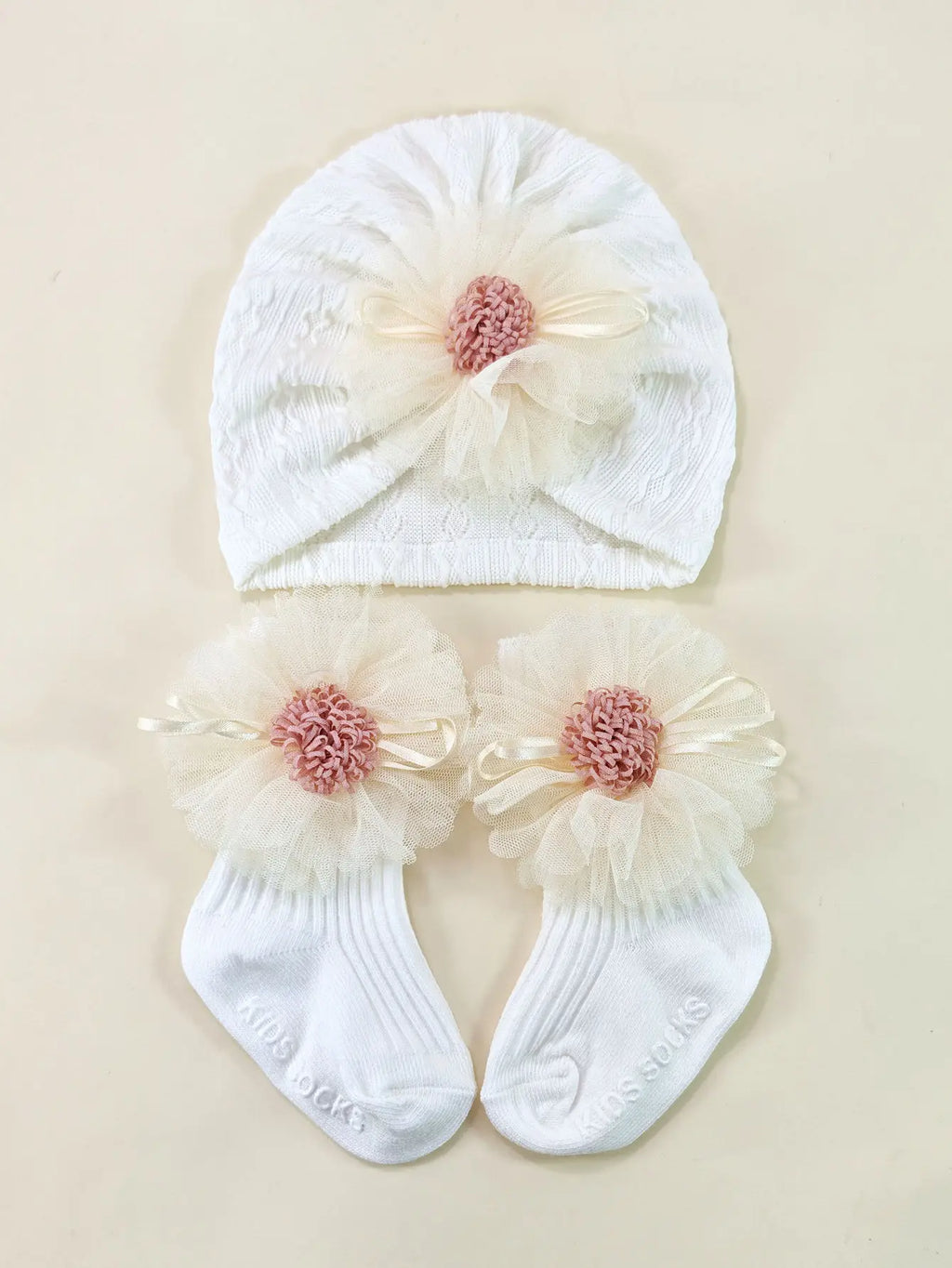 2pcs/set Newborn Elastic Turban Hat set Baby Girls Bow Cap Socks Set Baby Accessories Short Tube Sock Infant Indian Caps