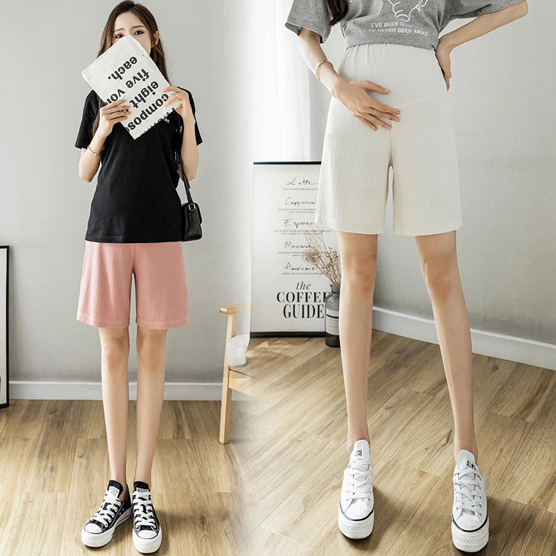 Summer Korean Style Pregnant Woman Ice Silk Shorts Knee-length Adjustable Waist Solid Color Maternity Wide Legs Straight Shorts