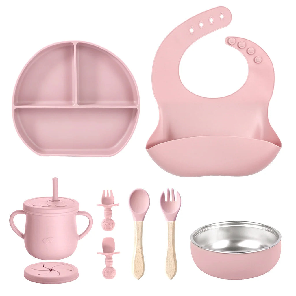6PCS Baby Feeding Set Kids Silicone Plate Bowl Straw Cup Customized Children's Tableware Baby Supplies Newborn Gift