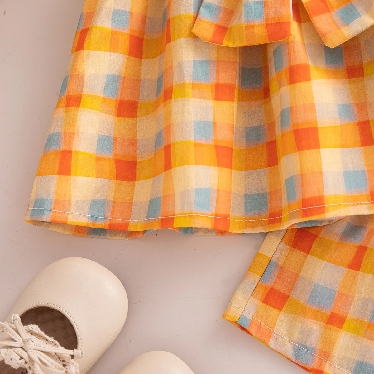 Korean Style Toddler Holiday Sets Summer Comfortable Cotton Orange Bow Plaid Suspender Tops And Breathable Baby Girl Shorts