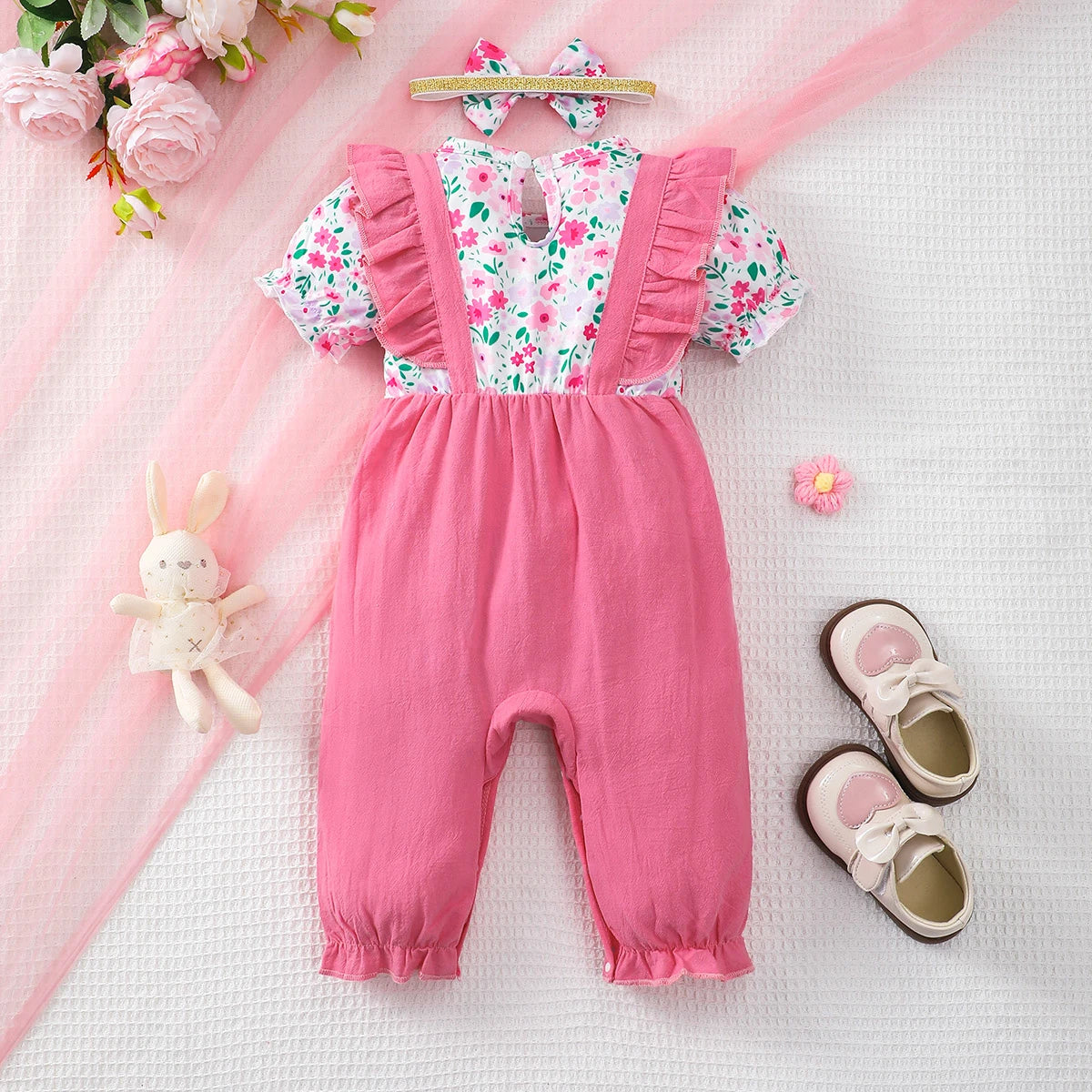 Newborn Baby girl Jumpsuit, Small Floral Volor Blocked Jumpsuit+Bow 0-18 Months, Comfortable Crawling Clothes for Female Babies