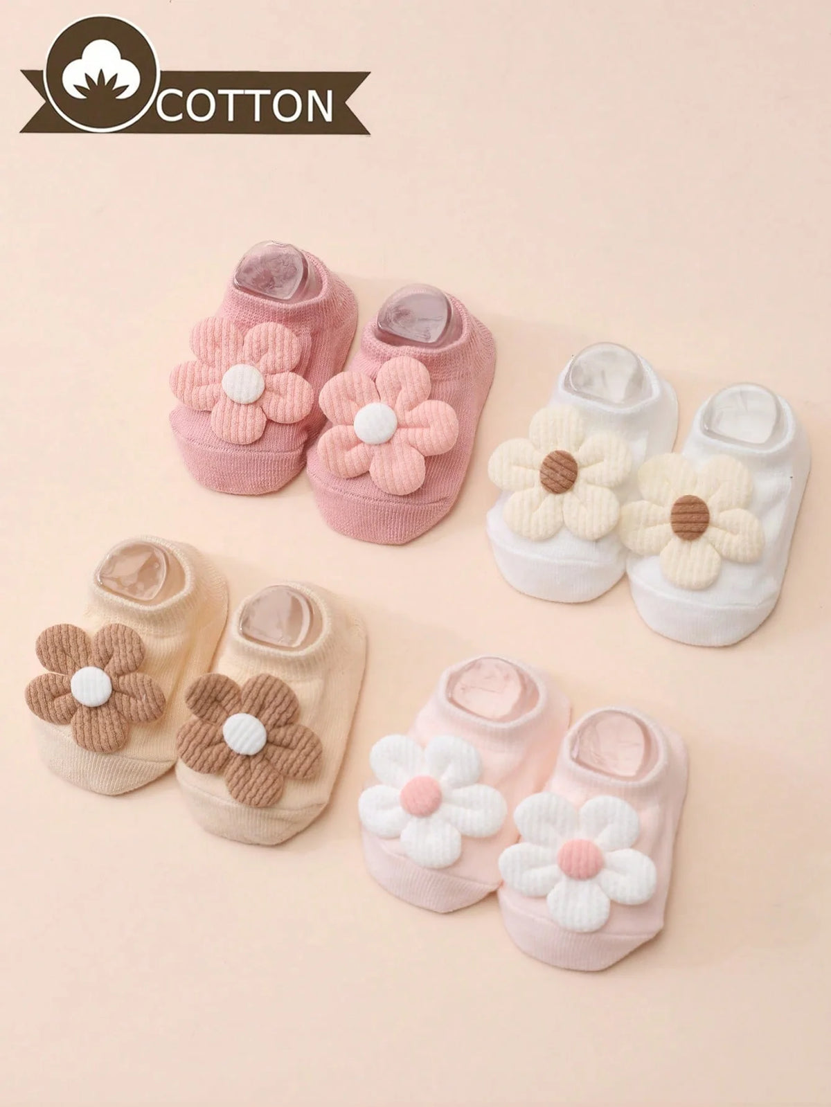 4 Pairs of Baby Girl's Cute Ladylike Flower Decorated Short Socks Solid Color Anti-Slip Bottom Boat Socks Four Seasons Versatile