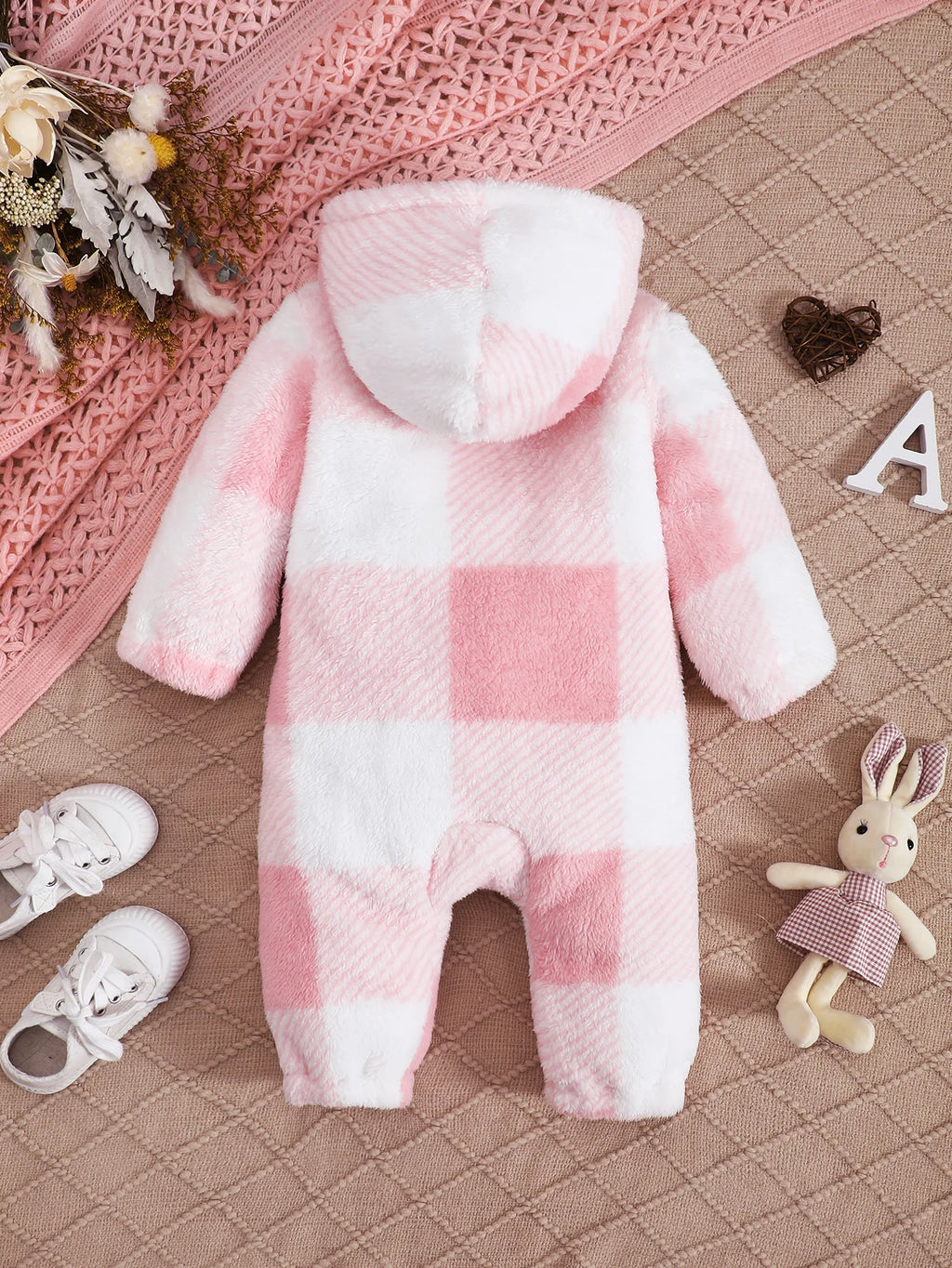 0-24 Months Baby girl Plush Hooded Color Blocked Checkered Long sleeved Jumpsuit Cute Baby girl Winter Warm Crawling Suit