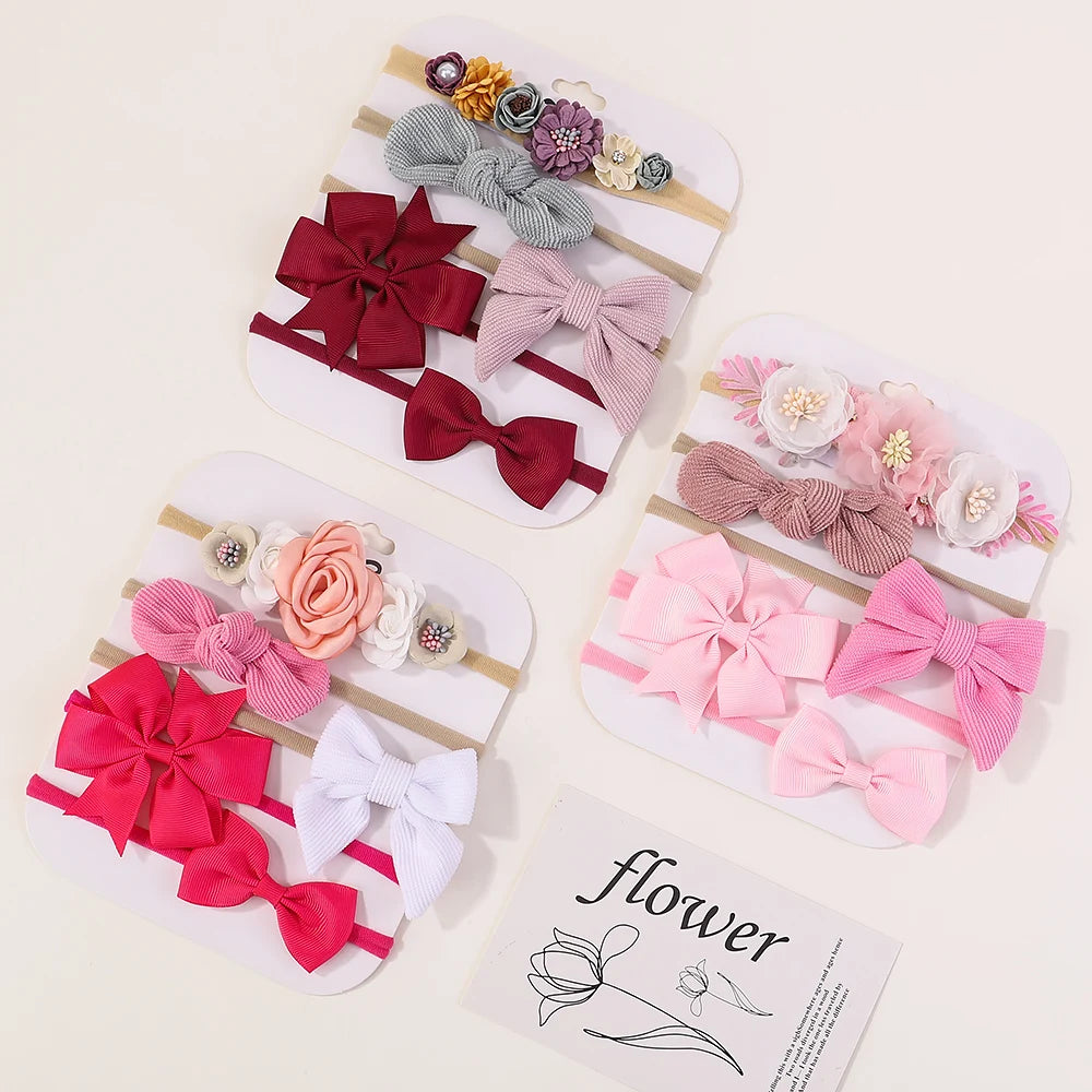 Sweet Elastic Headbands for Baby Girl New Bowknot Knit Nylon Headbands 5Pcs/set Pretty Flower Hairbands Decoration Headwear