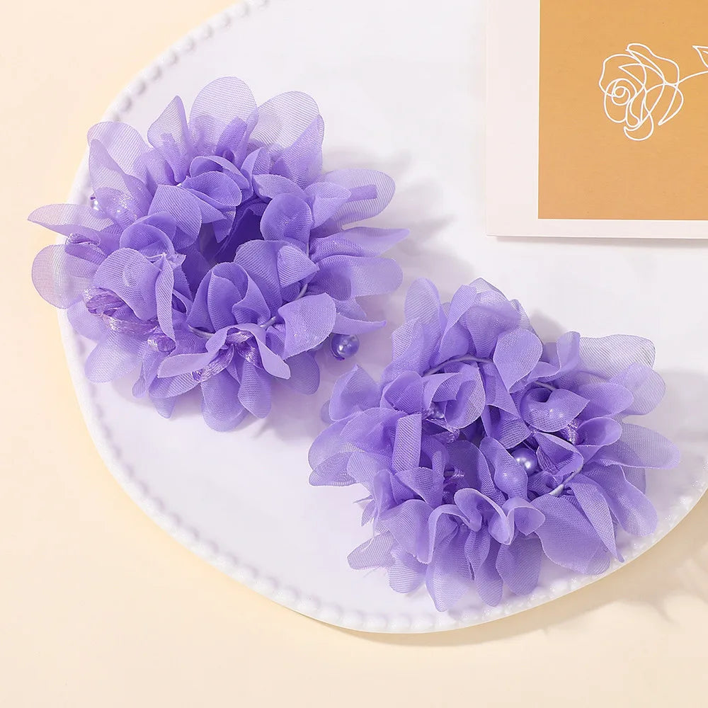 Kids Hair Bands Set With Chiffon Flowers Beads Ponytail Holders For Girls HBSet01 Elastic