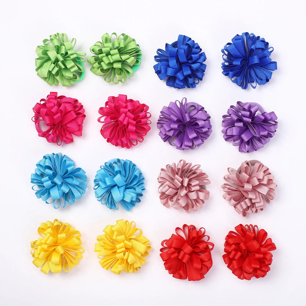 10Pcs random color ribbon flower hair band for girls ponytail head rope elastic embroidered ball headband hairdress