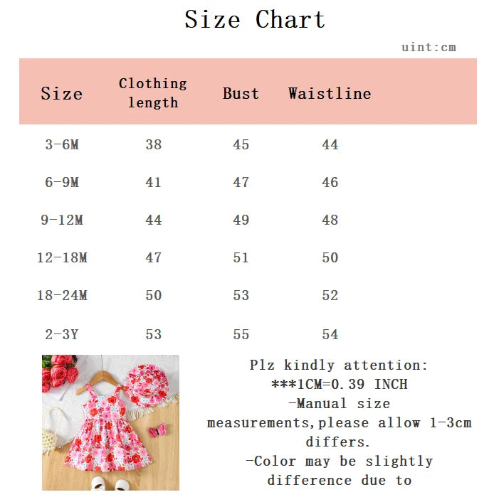 Baby Girl Summer Dress Strap Beautiful Printed Strap Dress+Hat Two Piece Set for 0-3 Year Old Baby Girl Beach Vacation Dress
