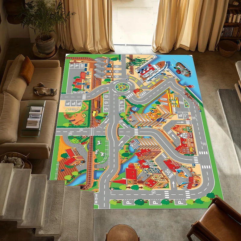 Kids Interactive City Traffic Jungle Animal Play Carpet Fun Road Track Game Mat Easy Clean Rug for Living Room Kids Bedroom