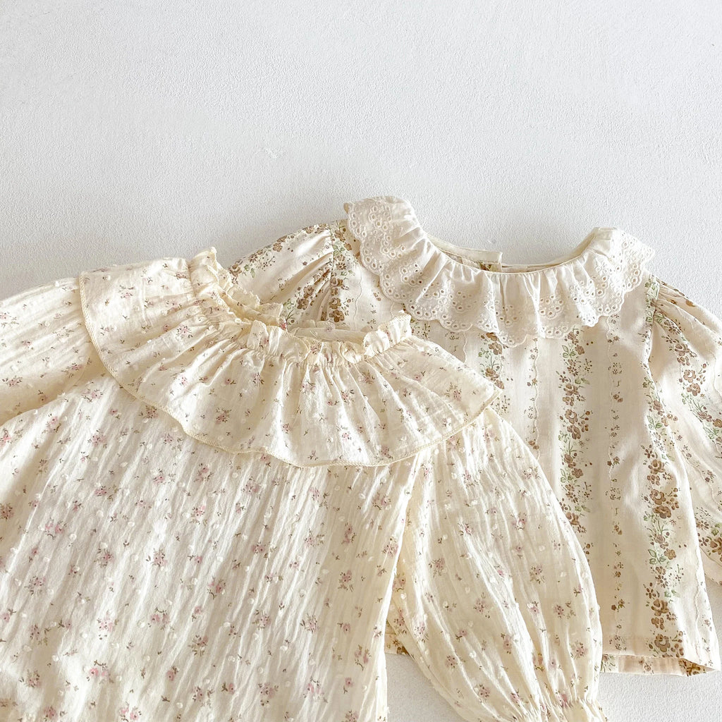 Spring and Autumn New Style Girls' baby Lace-Trim Sweet and Stylish Floral Top with Overalls Two-Piece Set
