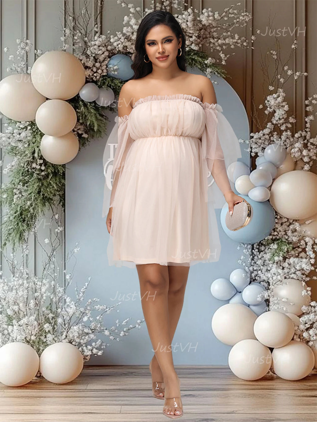 Maternity Mesh Photography Gown Long Sleeves Off-shoulder Elegant Summer Short Dress for Baby Shower Photoshoot