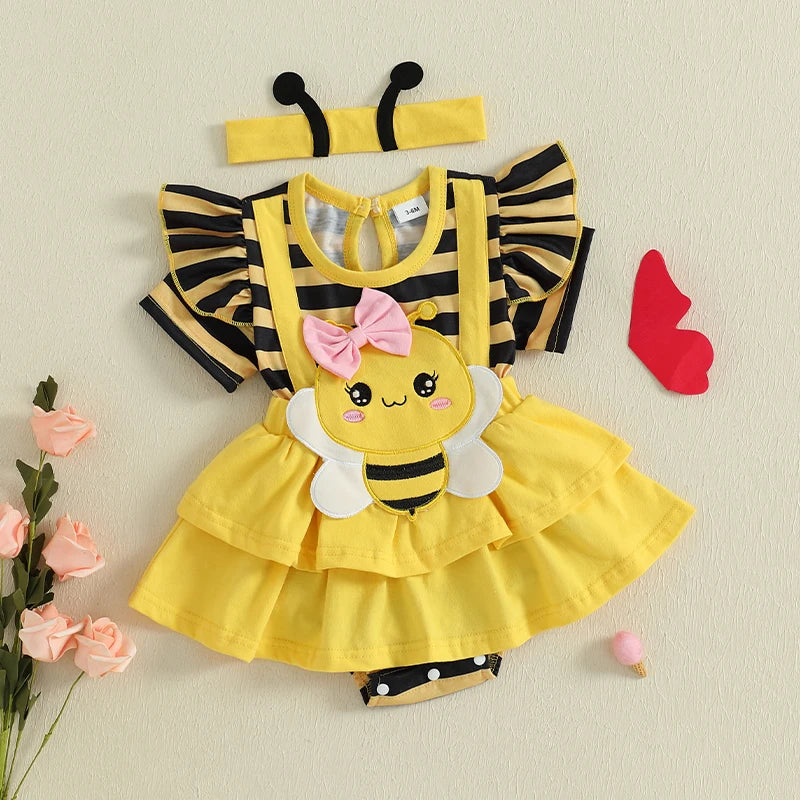 0-18M Newborn Baby Girl Romper Dress Summer Short Sleeve Striped Bee Pattern Tierred Bodysuit with Headband Cute Infant Clothes