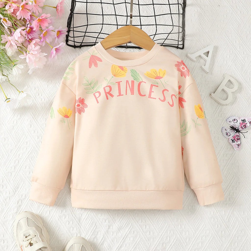 4-7 Year old Girls' Autumn Hoodie Round neck Flower Letter printed Long sleeved Casual Top for Children and Girls' Clothing