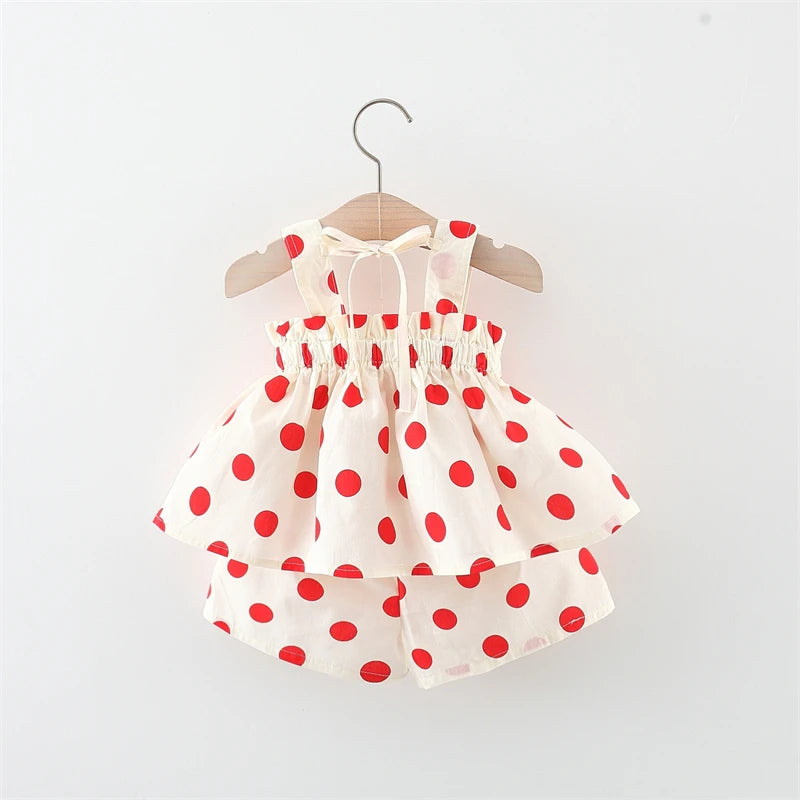 2pc/Set Girls' Outfit Set Summer Polka Dot Bow Blouse And Shorts Baby Girl Clothing Cute Beach Baby Set