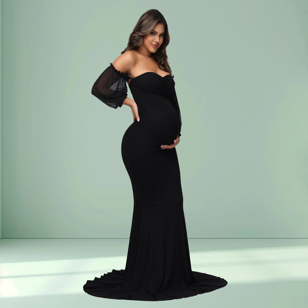 Maternity Dress Off-Shoulder Mesh Puff Sleeve Slim Pregnancy Women's Photography Maxi Gowns For Baby Shower Photoshoot