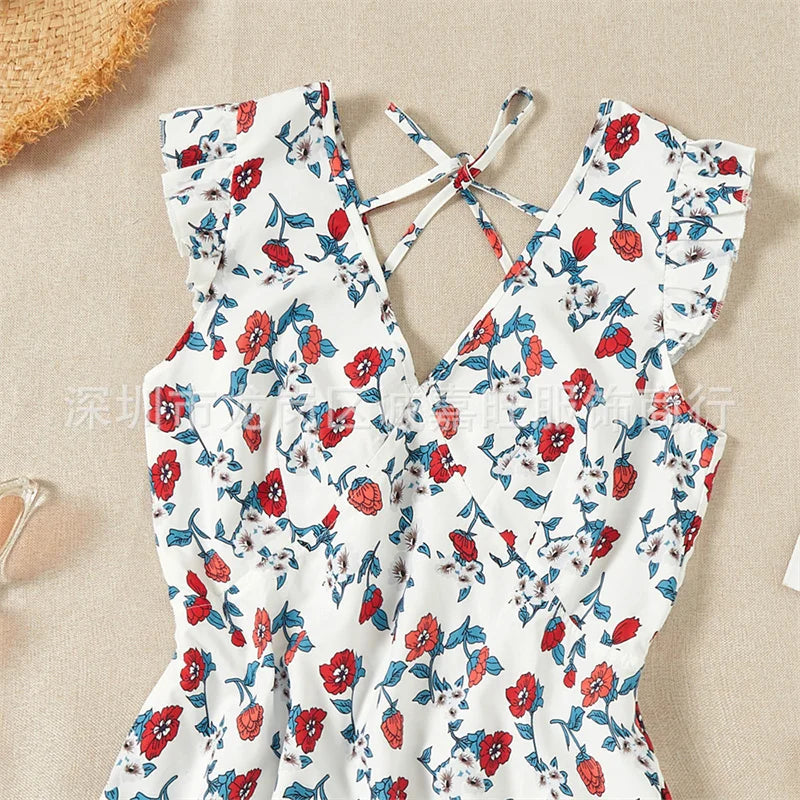 Parent-child Backless Dress Mummy Daughter Summer Floral Vestidos New Children Printed V-neck Gown Family Short Sleeve Clothing