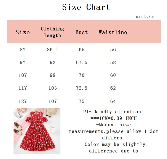Children Girls elegant Summer Dress off Shoulder Ruffle Edge Small Floral Long Skirt for Girls 8-12 for Gatherings and vacations