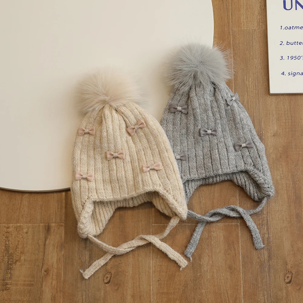 Princess Children Winter Hat for Girls Pompom Bows Kids Bonnet Hat Warm Ears Thicken Children Girl Cap Faux Fur Ball 2-6Y