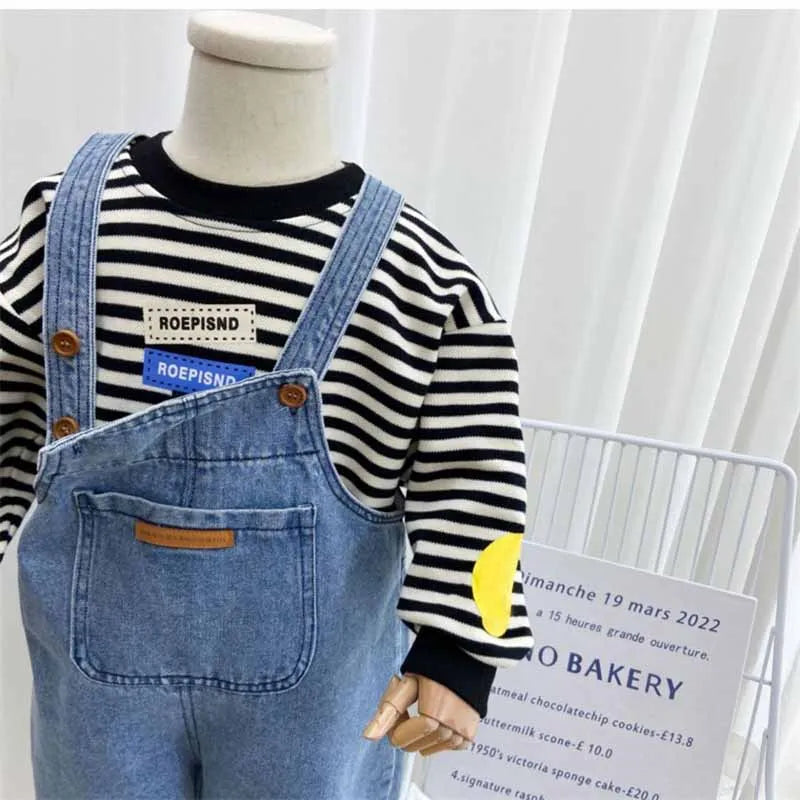 Kids Backpack Pants Summer Children's Solid Color Denim Jumpsuit Spring Autumn New Boys Girls Simple Fashion Trousers 2-8 Years
