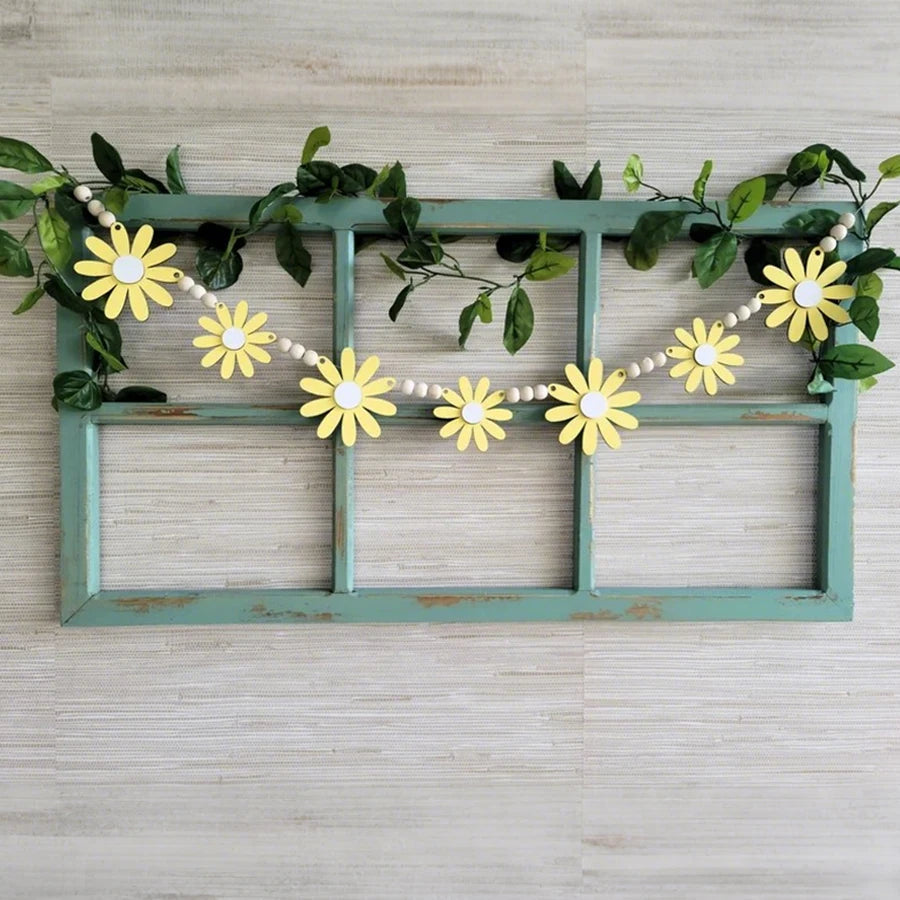 Ins Nordic Style Yellow Wooden Daisy Wreath, Spring Vibe Home Decor Wall Hanging, Wedding Decoration Garland, Four Seasons Room Wall Decoration Garland, Tent Curtain, Festival Event Wall Hanging Decoration