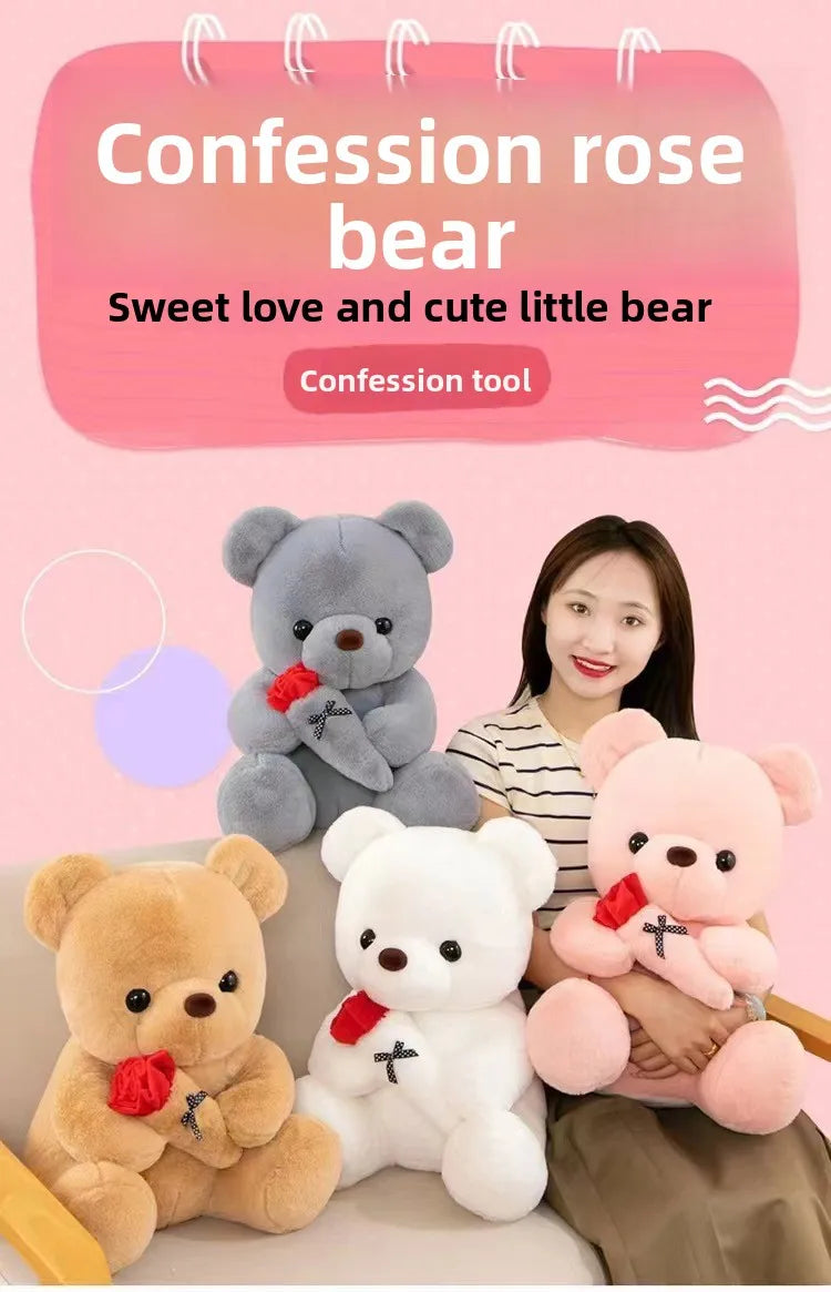 Wedding Rose Bear Plush Toy Cute Stuffed Animal Gift for Valentines Day Anniversary and Romantic Celebration Decor