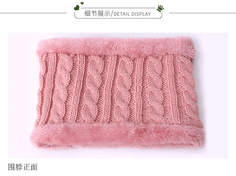 Winter Children's Scarf Hat Three-Piece Set with Pom-Pom Baby Infant Knitted Hat Warm Wool Thickened