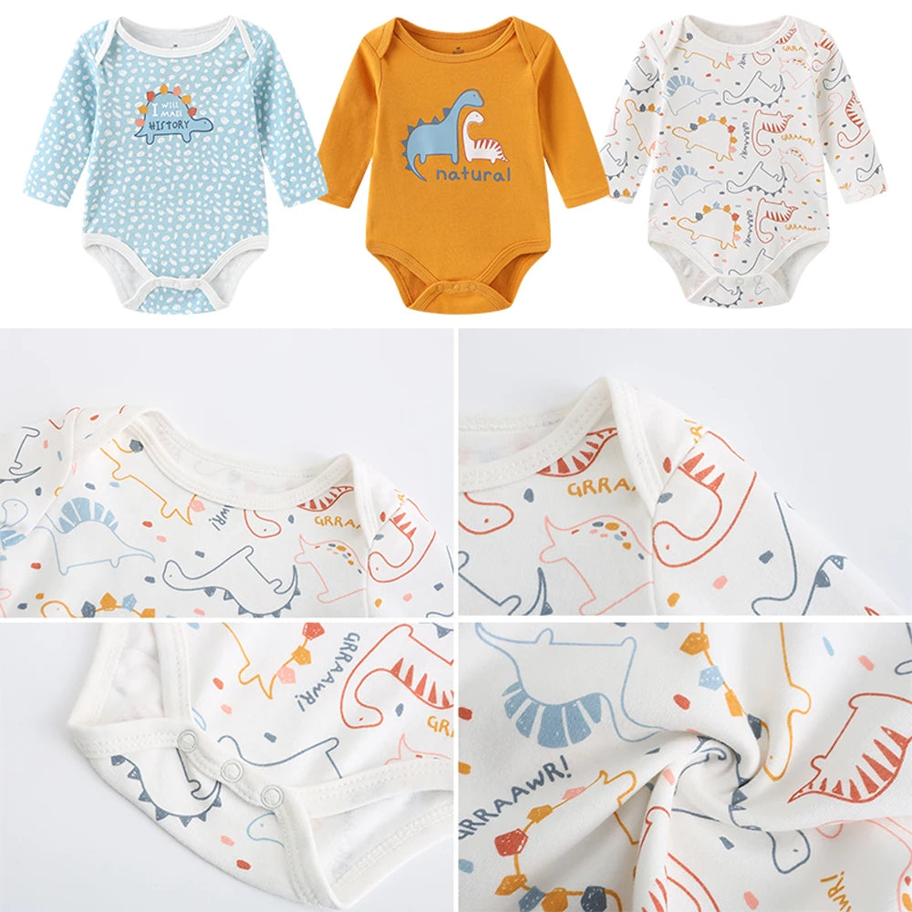3-Pack Cartoon Long Sleeve Newborn Baby Boy Girl Bodysuits Spring Autumn 100%cotton Soft Baby Clothes
