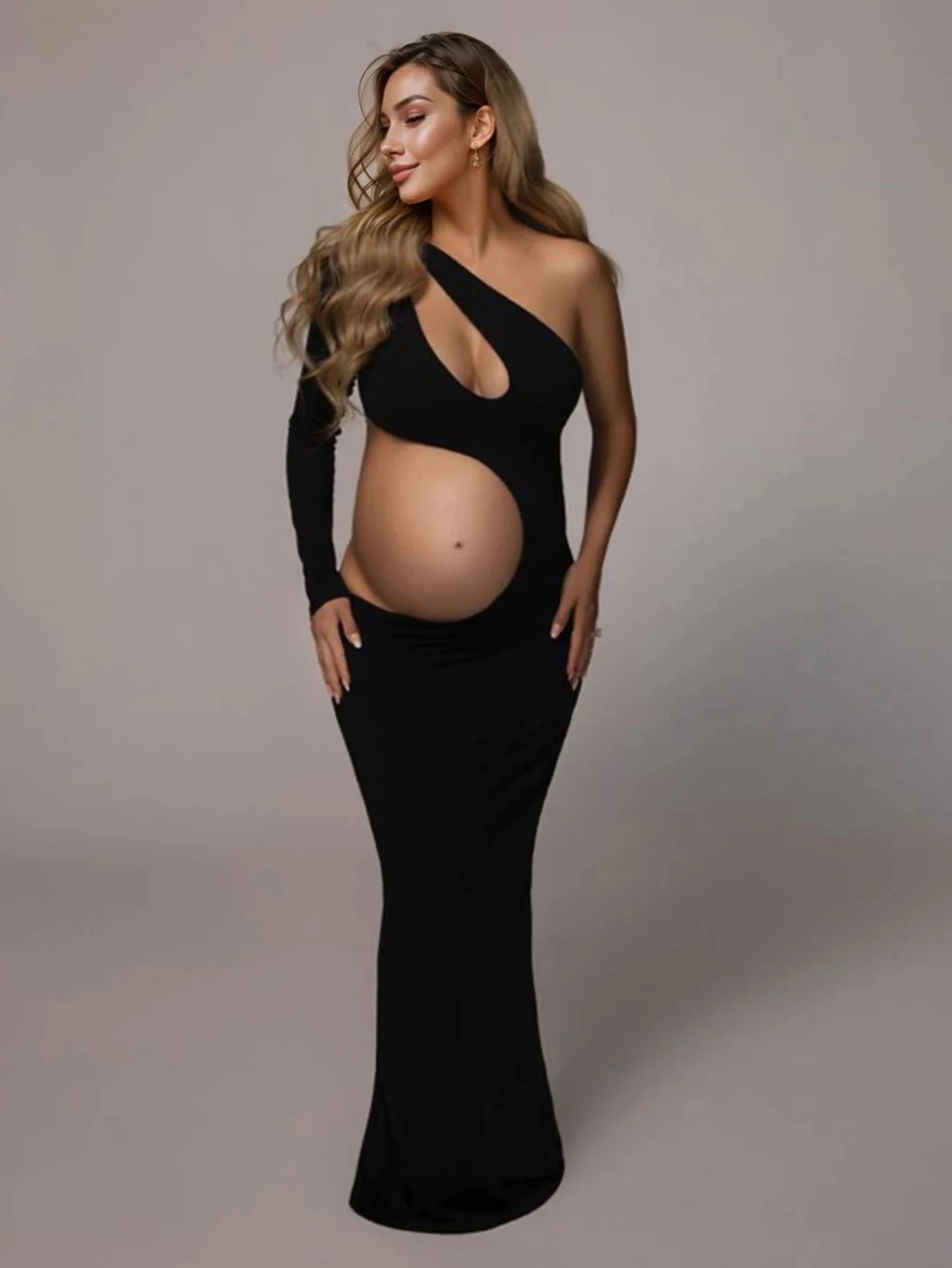Maternity One Shoulder Long Sleeves Belly-revealing Maxi Dress Baby Shower Gown For Photoshoot