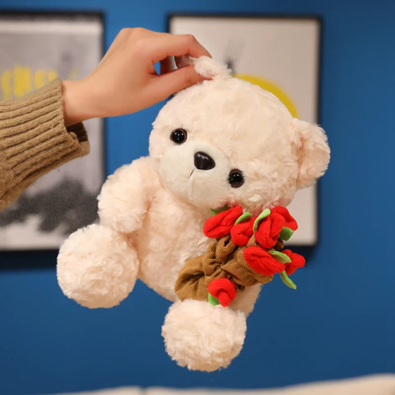 Wholesale Creative 16/25CM Bear Plush Toy Red Heart Romantic Rose Doll Soft Handmade Holding Flowers Bear Doll Home Decoration