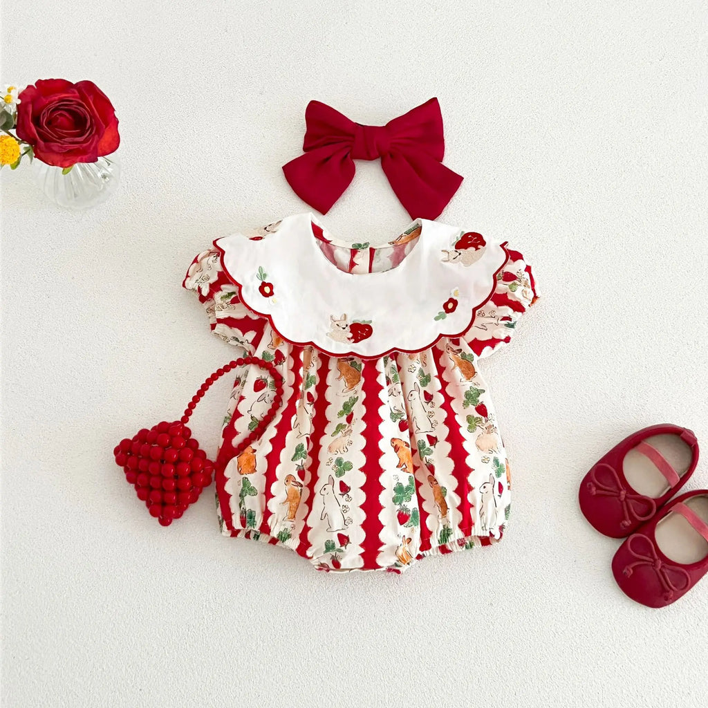 insBaby Girl Rabbit Cartoon Print Embroidered Collar Romper Infant Toddler Sweet Summer Short Sleeve Jumpsuit