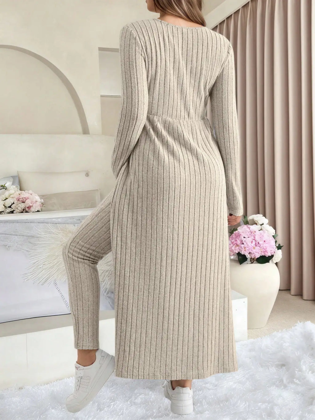 Maternity Women's Two Piece Sets and Outfits Long Sleeve Soft Ribbed Longline Casual Home Lounge Pants Set