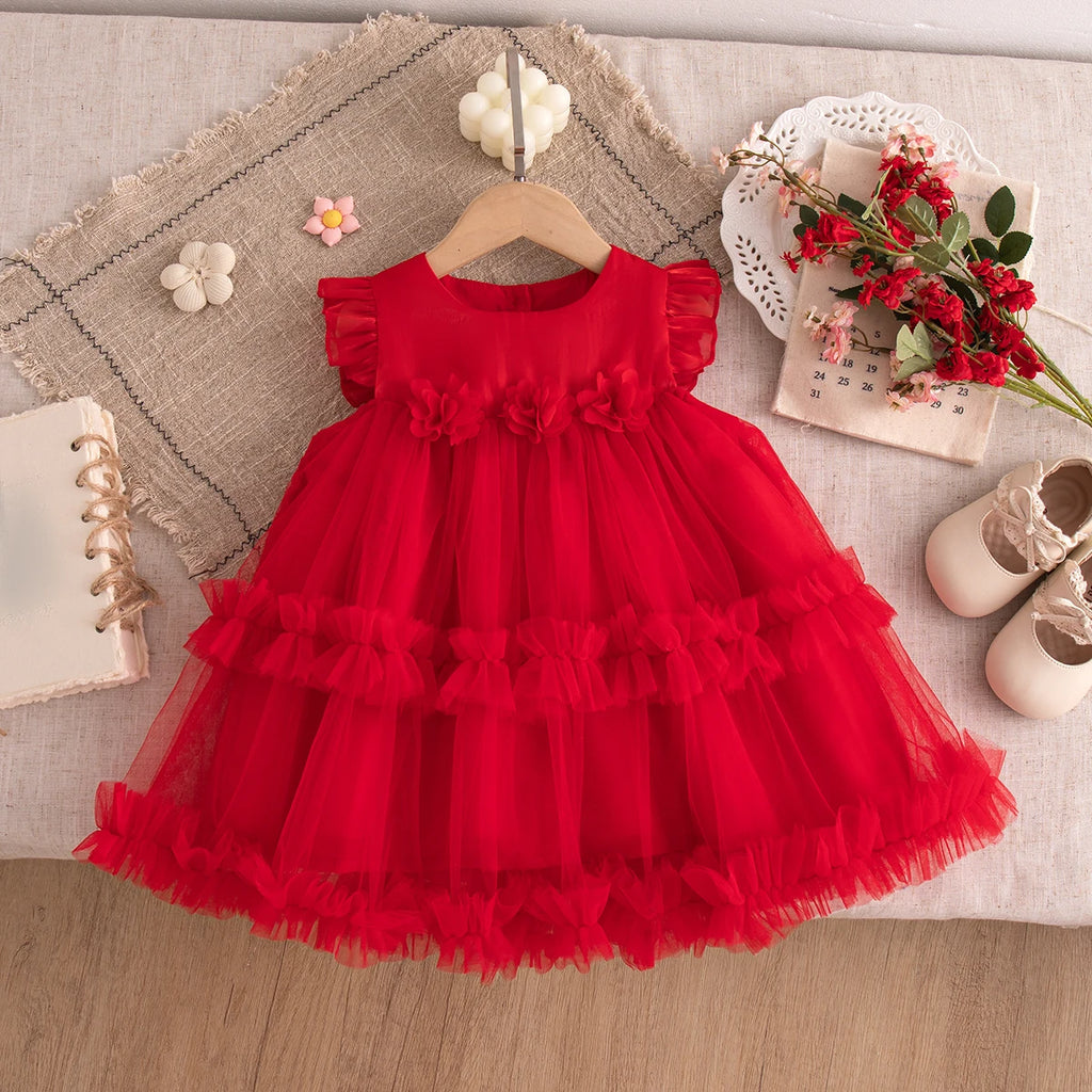 Korean Style Sweet Solid Color Baby Girl Dress Summer Fashion Flower Birthday Party Gift or Wedding Princess Fairy Toddler Dress
