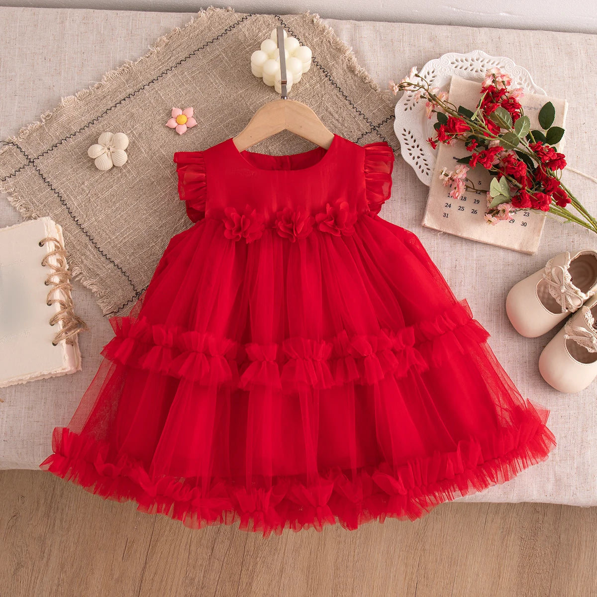 Korean Style Sweet Solid Color Baby Girl Dress Summer Fashion Flower Birthday Party Gift or Wedding Princess Fairy Toddler Dress