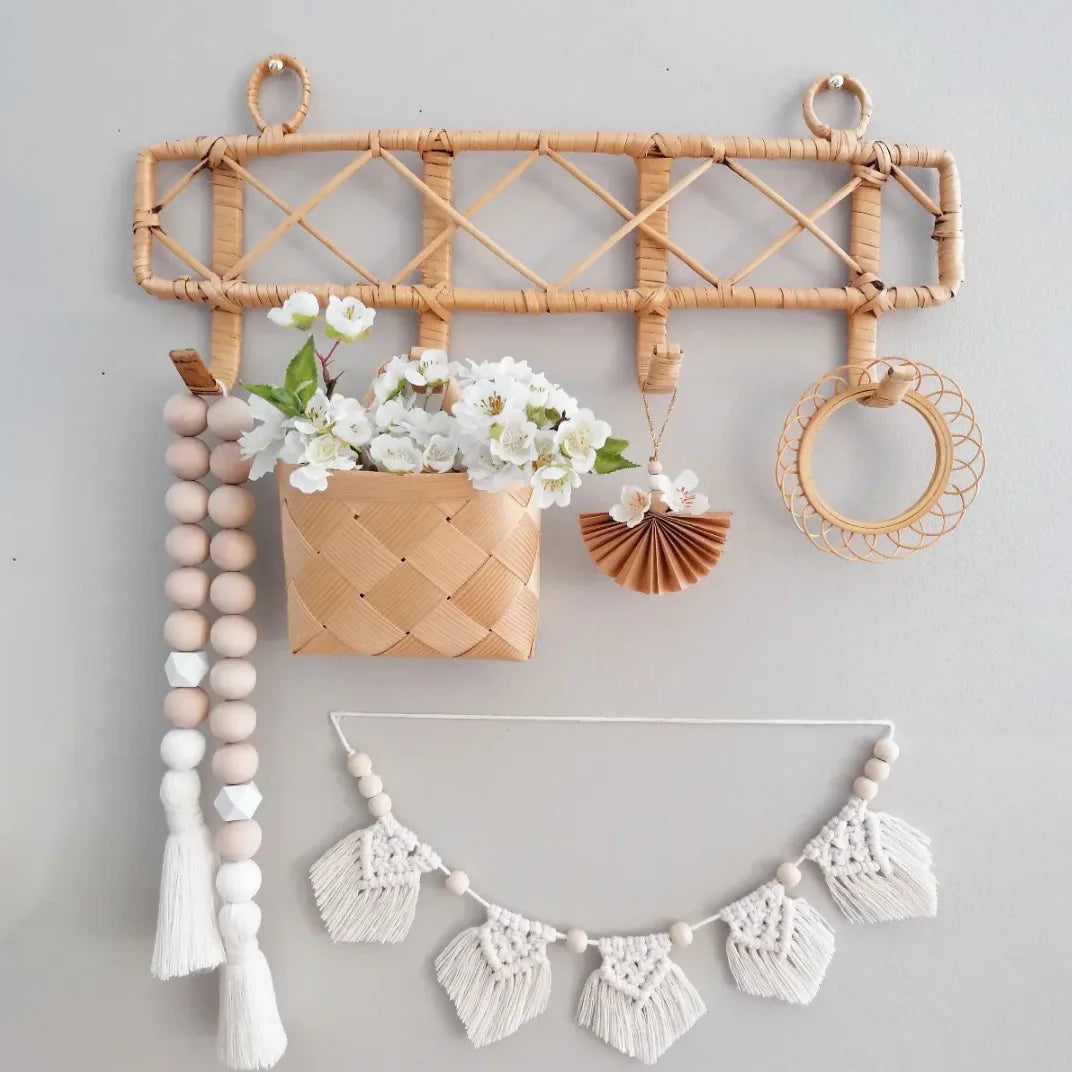 Nordic Wooden Bead Garland - White 75cm Tassel Wall Decor