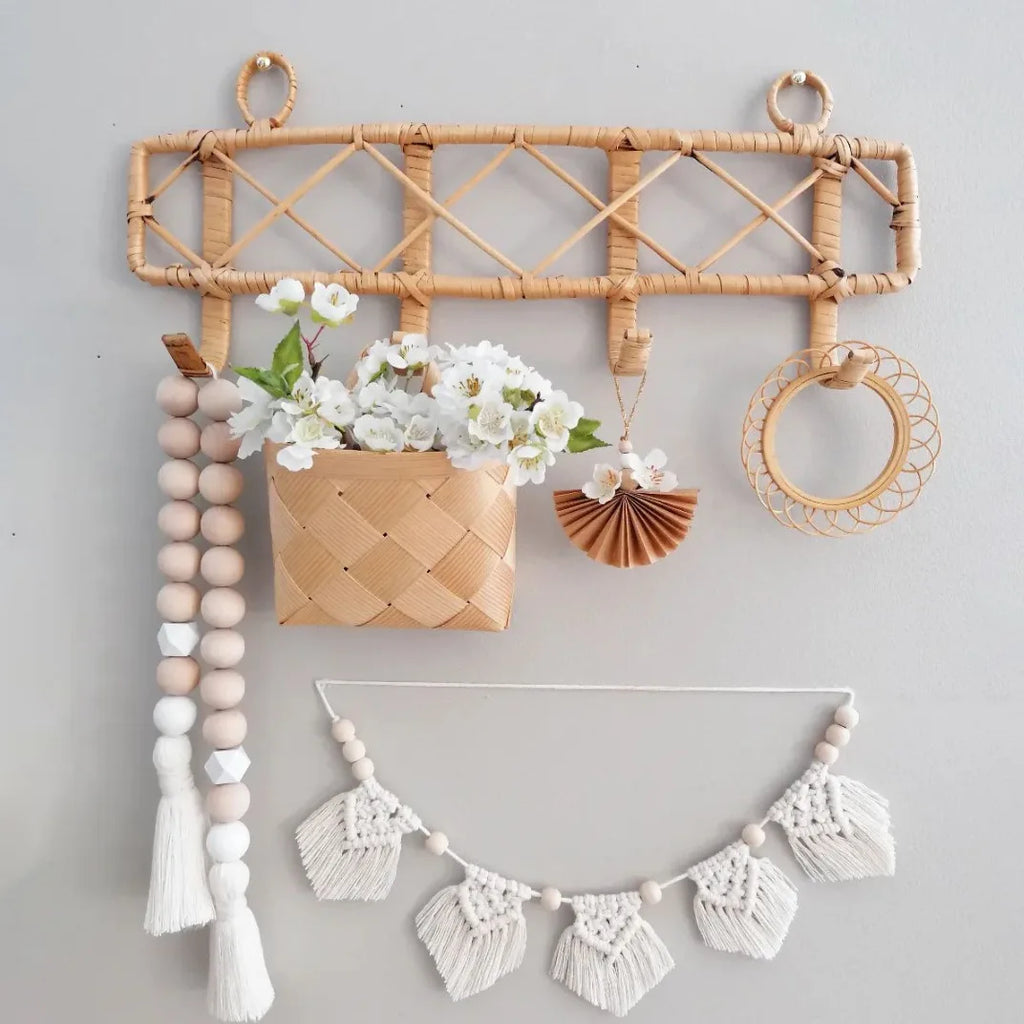 Nordic Wooden Bead Garland - White 75cm Tassel Wall Decor