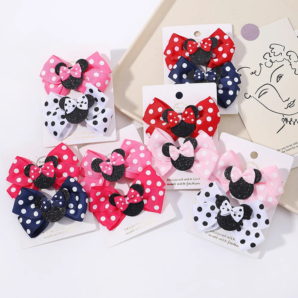 2/4Pcs Cute Bows Hair Clip for Children Boutique Cartoon Headdress Classic Woven Ribbon Polka Dot Pattern Kids Hair Clip